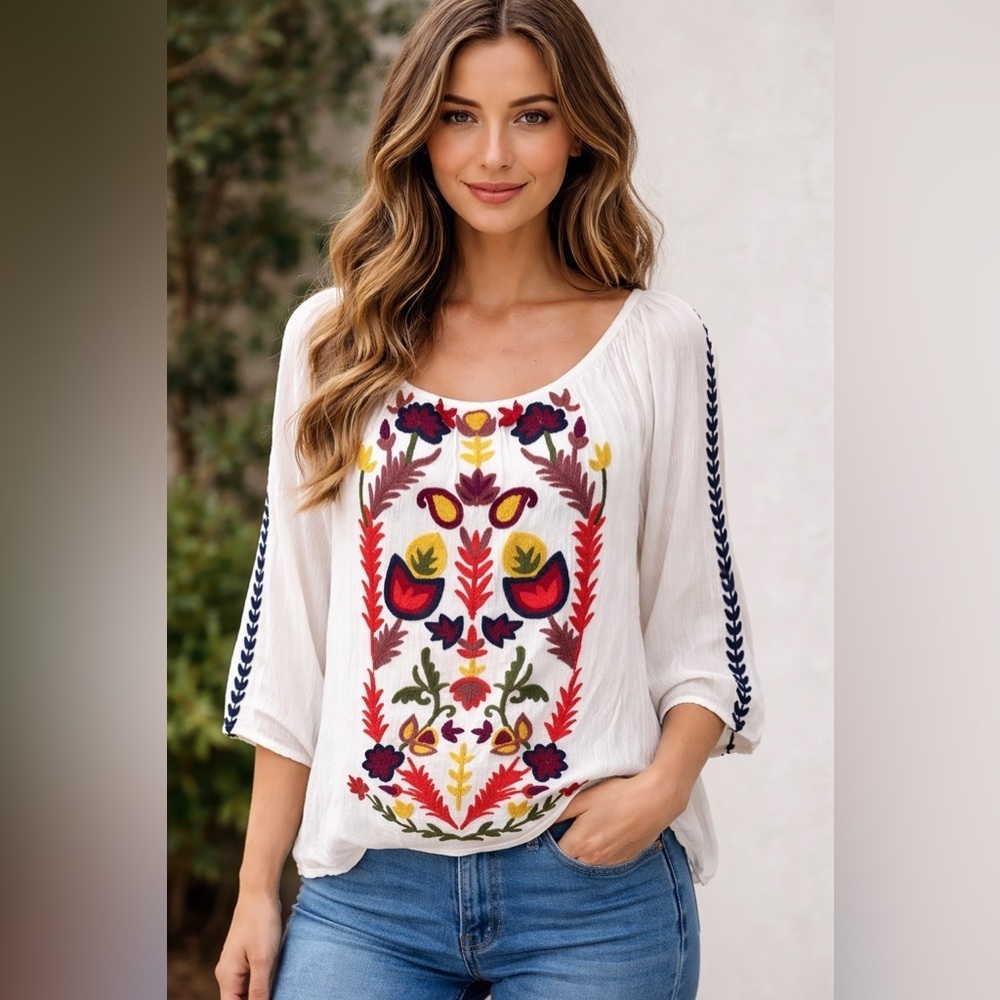 Solitaire Multicolor Embroidered Boho Peasant Spring Summer Resort Blouse Lg